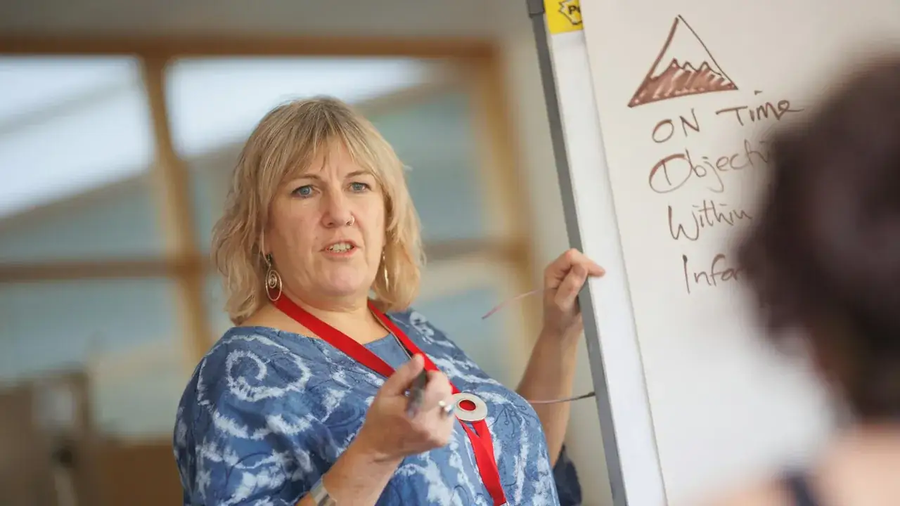 A teacher writing on a board